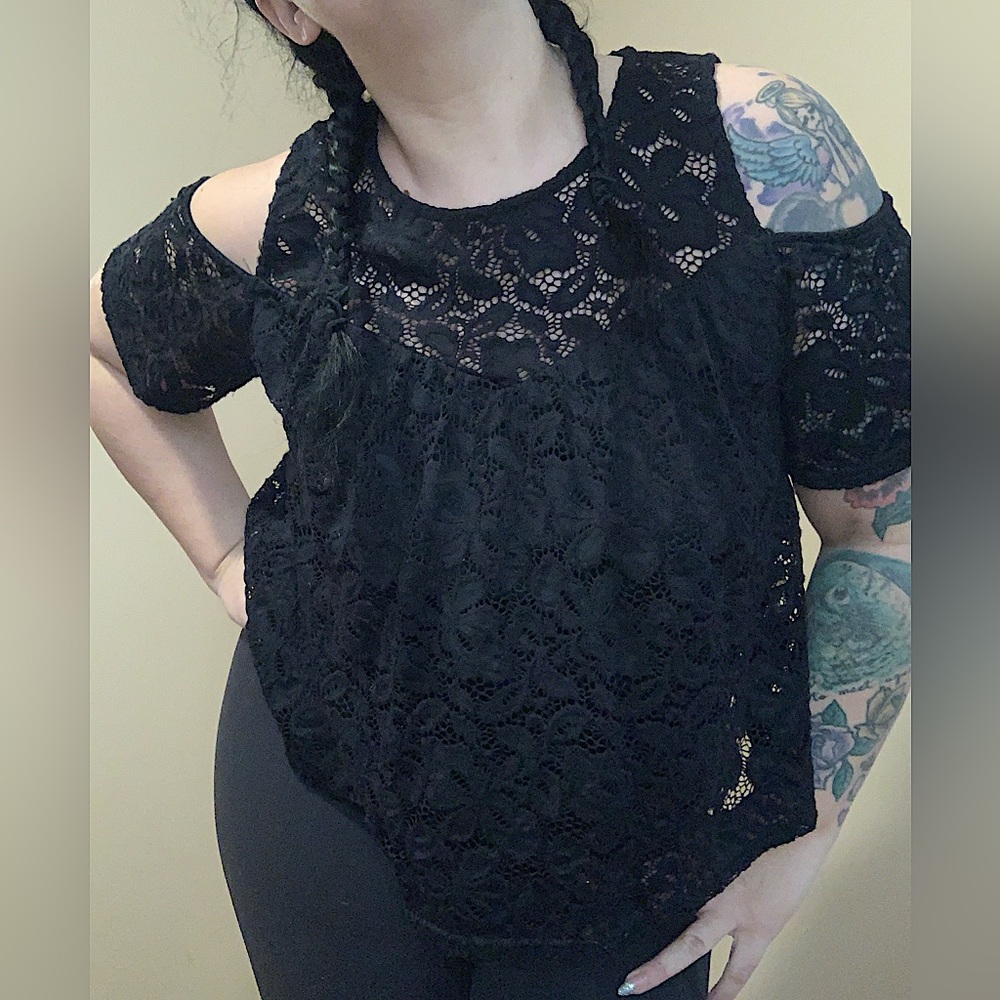 ANOTHER STORY black lace open cold shoulder flowy top